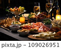 Light snacks in a plate on a buffet table. Assorted mini canapes, delicacies and snacks, restaurant food at event. A gala reception. Decorated delicious table for a party goodies. 109026951
