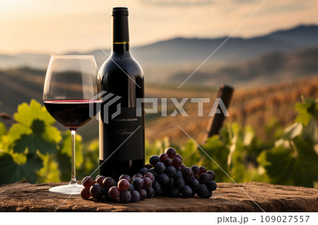 Glass of wine against the backdrop of a vineyard 109027557