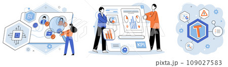 Analysis tool. Business intelligence. Vector illustration Information management is vital for efficient datorganization The report summarizes key findings research Graphs and charts help visualize 109027583