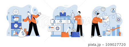 Business development. Vector illustration. Marketing campaigns leverage social mediand digital platforms effectively Team management includes coaching and mentorship for growth Pursuing profession 109027720