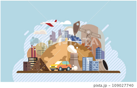 Industrial pollution. Dirty waste. Environmental pollution. Vector illustration. The contamination air, water, and soil is complex issue Factory emitting smoke should be regulated more strictly 109027740
