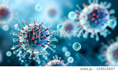 Influenza virus, abstract microbes, bacteria, microorganism cells, pathogen, blue background. Medicine, healthcare 109028007