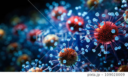 Influenza virus, abstract microbes, bacteria, microorganism cells, pathogen, blue background. Medicine, healthcare Influenza virus, abstract microbes, bacteria, microorganism cells, pathogen, blue background. Medicine, healthcare 109028009