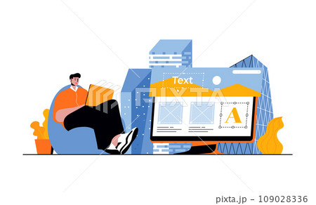 Web development concept with people in flat cartoon design. Man designing homepage layouts, prototyping and coding site templates. Vector illustration for social media banner, marketing material. 109028336