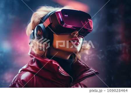 Portrait of a young white blond woman with long hair and pink jacket uses futuristic pink virtual reality headset on the dark background 109028464