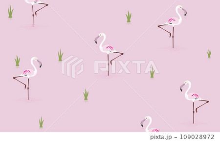 PrinTropical pink flamingo birds and plants, seamless pattern. Repeating print, endless background design in Scandinavian style. Printable flat vector illustrationt 109028972