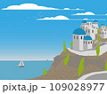 Travel Icon place Greek island Santorini with sea and sailing boats. Vector Illustration 109028977