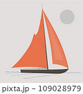 Small sea vessel. Rides on waves. Quiet weather. Cartoon fun style. Flat design. Vector	 109028979
