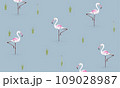 Tropical pink flamingo birds and plants, seamless pattern. Repeating print, endless blue background design in Scandinavian style. Printable flat vector illustration 109028987