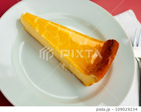 Well-known dessert is served on plate, delicate cheesecake decorated with imitation leopard spots Well-known dessert is served on plate, delicate cheesecake decorated with imitation leopard spots 109029234