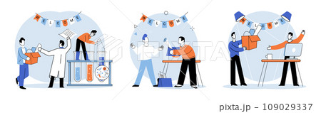 New employee. Vector illustration. Managers and HR professionals play crucial role in finding right candidate and integrating them into corporate structure The new employee adds to diverse mix staff New employee. Vector illustration. Managers and HR professionals play crucial role in finding right candidate and integrating them into corporate structure The new employee adds to diverse mix staff 109029337