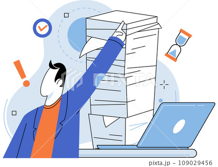 Paperwork. Vector illustration. The paperwork on desk keeps growing Hours are spent dealing with various documents at work The paperwork metaphor illustrates challenges job There is heavy workload 109029456