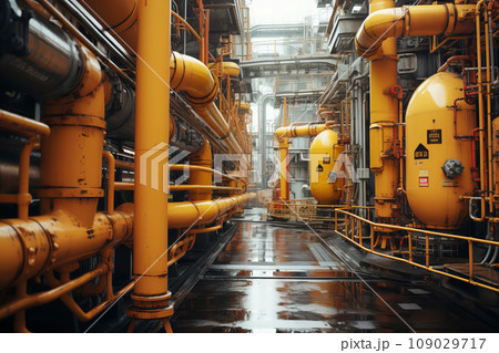 Pipeline, storage tanks and pipe rack of petroleum, chemical, hydrogen or ammonia industrial plant. Industrial zone Close up 109029717