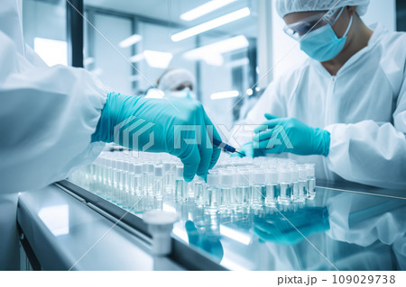 Female scientists in protective clothing work with bio and chemical samples in test tubes in a modern laboratory 109029738