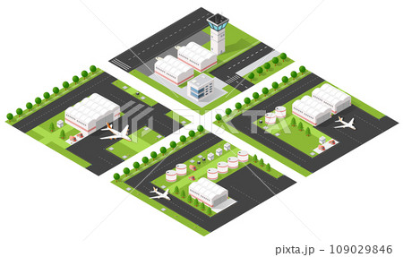 City's airport, the trees and the flight of construction and building 109029846