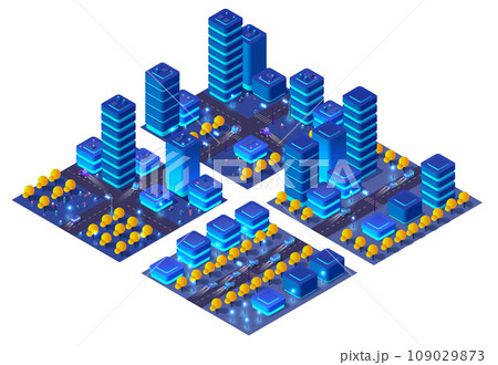 City urban area map Isometric night lights ultraviolet 3D illustration 109029873