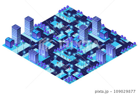 City urban area map Isometric night lights ultraviolet 3D illustration 109029877