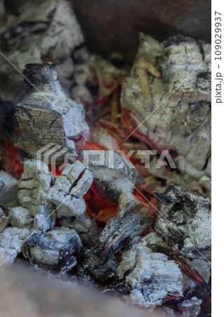 Burning coals in the grill close up 109029937