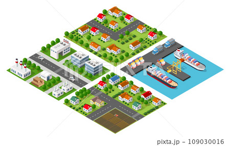 Isometric port cargo ship cargo seaport at sea with crane container transport 109030016