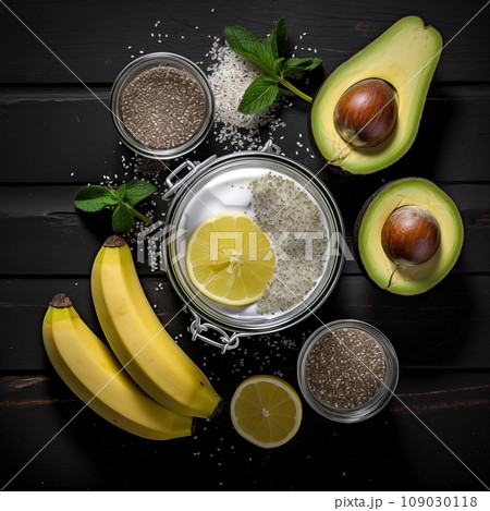 Food. One Avocado, one banana, coconut milk in glass jar, half a lemon, chia seeds on table, top view on dark table, rustic style. Healthy food concept, smoothie kit.Ai generated 109030118
