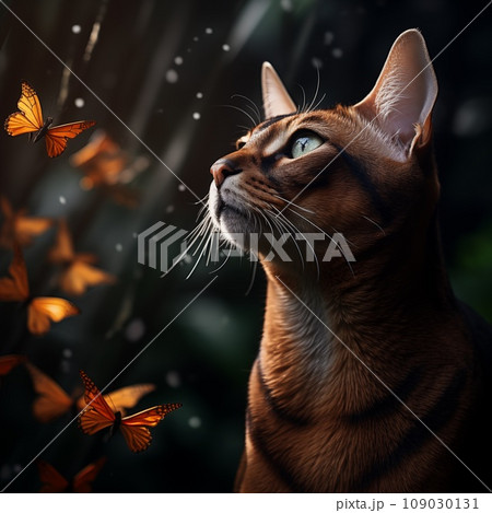 Beautiful red cat in the night forest catching butterflies. Predator cat concept. Ai generated Beautiful red cat in the night forest catching butterflies. Predator cat concept. Ai generated 109030131