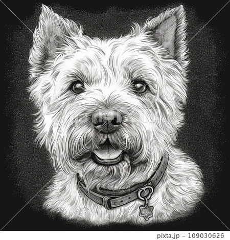 West Highland White Terrier, Westie, engraving style, close-up portrait, black and white drawing, cute dog, favorite pet	 109030626