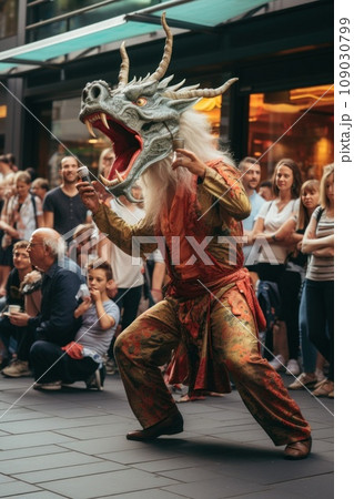 A street performer dressed as a dragon, dancing and entertaining a captivated audience A street performer dressed as a dragon, dancing and entertaining a captivated audience 109030799
