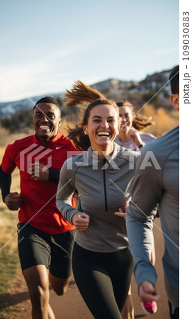 A group of friends running together outdoors,...のイラスト素材 [109030883] - PIXTA