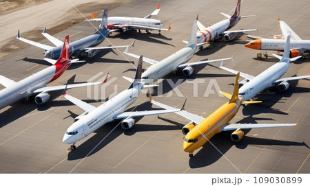 group of airplanes parked on the tarmac, viewed from a high angle group of airplanes parked on the tarmac, viewed from a high angle 109030899