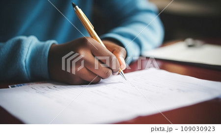 student's hand writing notes on a piece of paper with a pen. 109030923