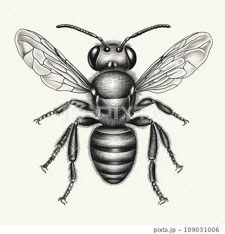 Fly, bee, black and white drawing, vintage retro engraving style 109031006