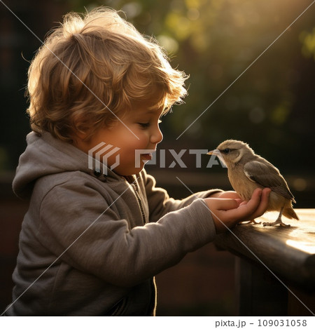 A heartwarming photo of a young boy feeding a baby bird with a dropper A heartwarming photo of a young boy feeding a baby bird with a dropper 109031058