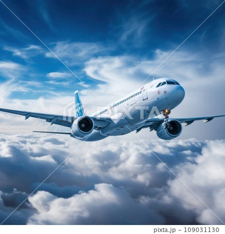 commercial airplane flying through the clouds 109031130