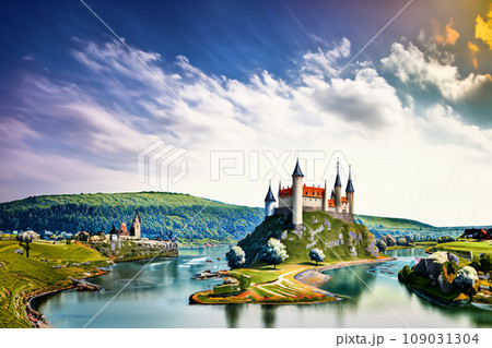 川沿いに建つ中世ヨーロッパの城のイラスト 109031304