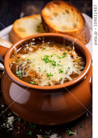 A rustic French onion soup with gooey melted cheese on top and a thick slice of bread for dipping A rustic French onion soup with gooey melted cheese on top and a thick slice of bread for dipping 109031487