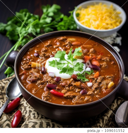 A spicy and flavorful chili soup with tender chunks of beef, beans, and a sprinkle of grated cheese 109031552