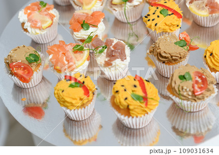 Cake snack with different flavors and sea fish Cake snack with different flavors and sea fish 109031634