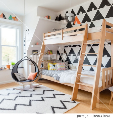 trendy children's room with a black and white wallpaper accent wall, a wooden bunk bed trendy children's room with a black and white wallpaper accent wall, a wooden bunk bed 109031698