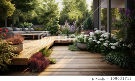 a modern garden with a unique set of outdoor furniture, well-maintained greenery a modern garden with a unique set of outdoor furniture, well-maintained greenery 109031715