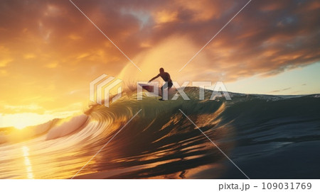 A surfer riding a wave in the ocean, with the sun setting behind them 109031769