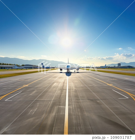 panoramic view of an airport runway with planes parked and in motion panoramic view of an airport runway with planes parked and in motion 109031787