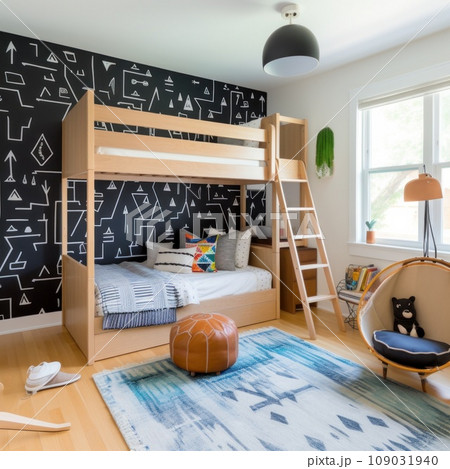 trendy children's room with a black and white wallpaper accent wall, a wooden bunk bed 109031940