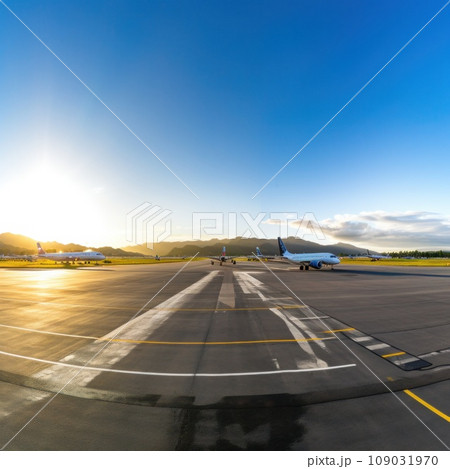 panoramic view of an airport runway with planes parked and in motion panoramic view of an airport runway with planes parked and in motion 109031970