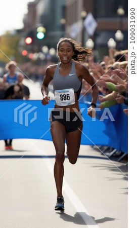 A runner crossing the finish line at a race, with a crowd cheering in the background 109031990