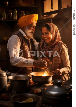 A touching stock photo of an old couple cooking breakfast together in their traditional kitchen 109032000