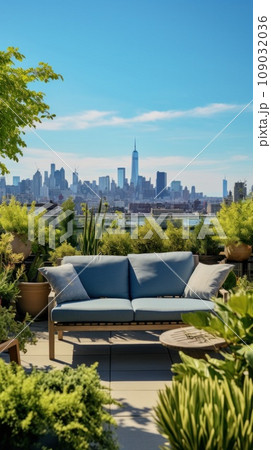 serene rooftop garden with a variety of plants, a stylish seating area, serene rooftop garden with a variety of plants, a stylish seating area, 109032036