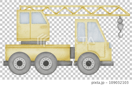 Truck Crane Watercolor illustration. Hand drawn clip art of baby toy yellow autocrane on isolated background. Drawing of auto mobile lifting. Sketch of a vehicle for construction. 109032103