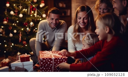family happy at christmas with christmas tree and christmas ornaments, 109032128