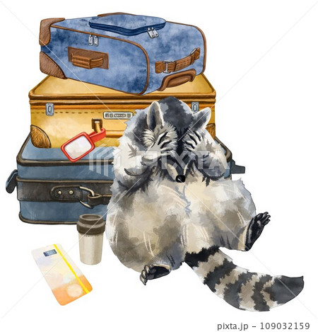 Raccoon with suitcases, coffee and plane tickets. Raccoon in the waiting room, theme of tourism and travel. Funny animals. The raccoon holds its head with its paws, waiting for the flight. Raccoon with suitcases, coffee and plane tickets. Raccoon in the waiting room, theme of tourism and travel. Funny animals. The raccoon holds its head with its paws, waiting for the flight. 109032159