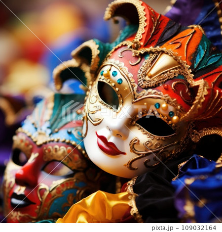 colorful carnival masks against a vibrant background, 109032164